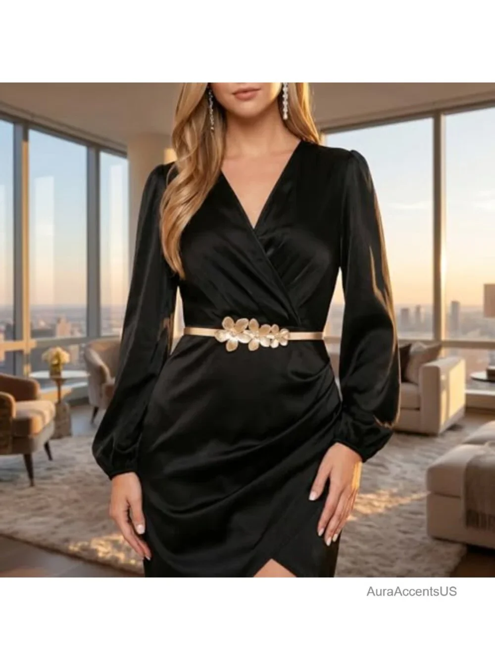 Metal Stretch Waist Belt, 3D Floral Decor Elastic Waist Chain Rose Gold Plated